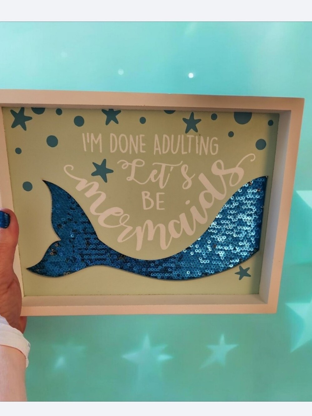 Source Unknown Blue Sequin Mermaid Tail Framed Wall Art